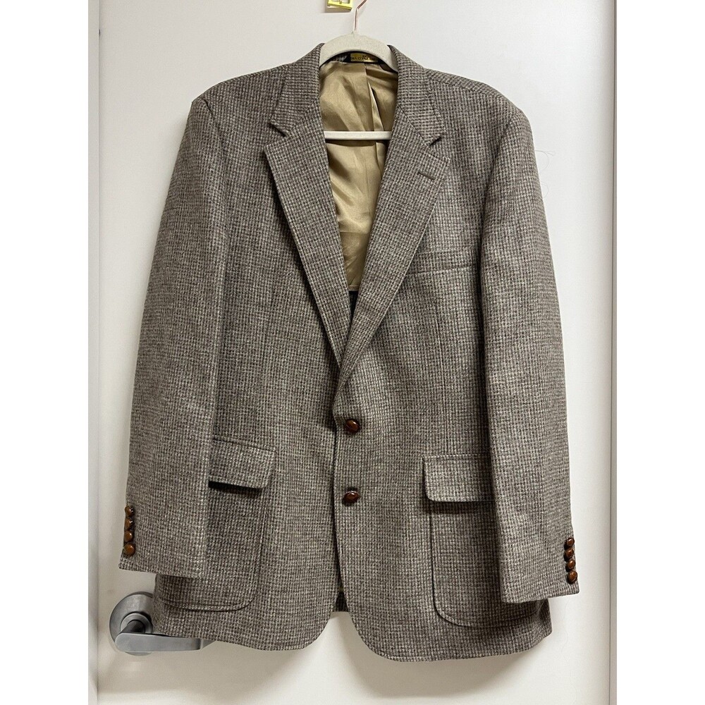 Vintage Imperial by Haggar Wool Tweed Blazer Tan Leather Button Jacket 44R USA